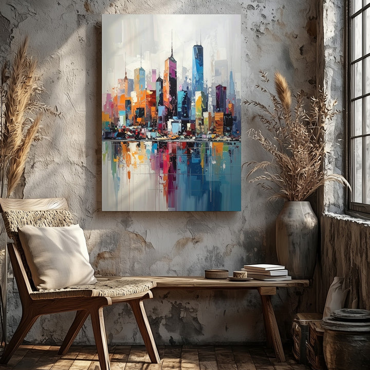 Vibrant Abstract City Skyline Canvas – Colorful Reflections on Water - Gifitto