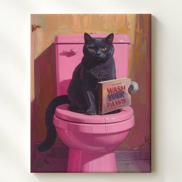 Wash Your Paws Cat Canvas – Funny Bathroom Wall Art with Toilet & Book - Gifitto