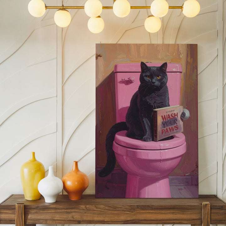 Wash Your Paws Cat Canvas – Funny Bathroom Wall Art with Toilet & Book - Gifitto