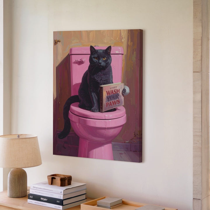 Wash Your Paws Cat Canvas – Funny Bathroom Wall Art with Toilet & Book - Gifitto