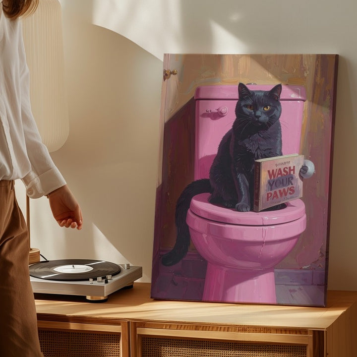 Wash Your Paws Cat Canvas – Funny Bathroom Wall Art with Toilet & Book - Gifitto