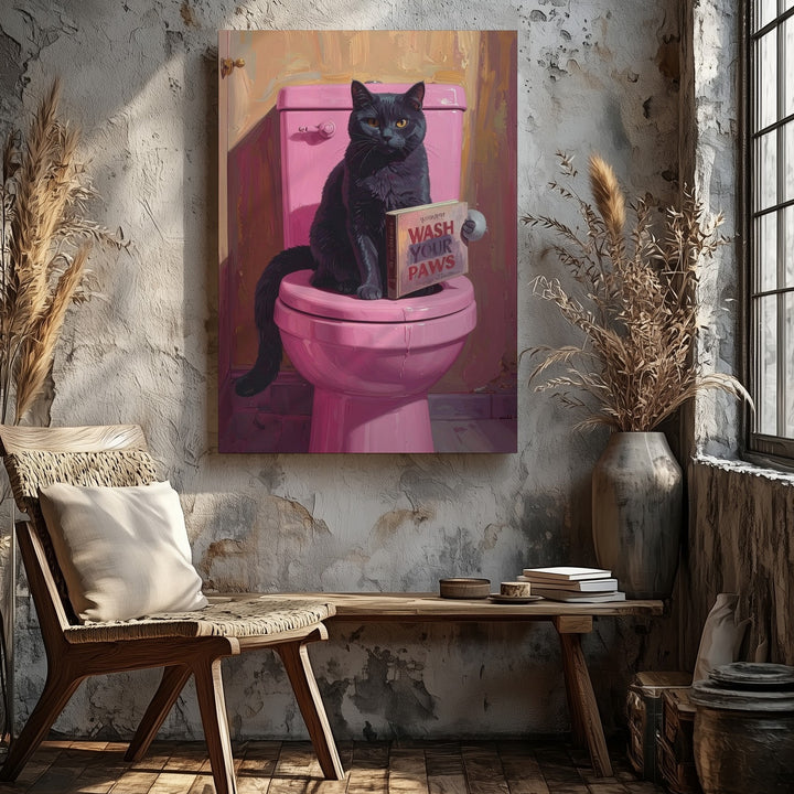 Wash Your Paws Cat Canvas – Funny Bathroom Wall Art with Toilet & Book - Gifitto