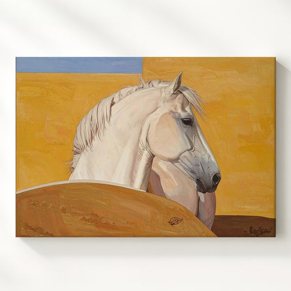 Silent Form Canvas – Minimalist Pale Horse on Mustard Yellow - Gifitto