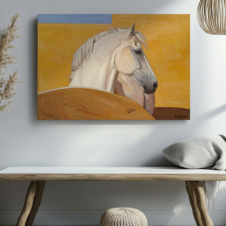 Silent Form Canvas – Minimalist Pale Horse on Mustard Yellow - Gifitto