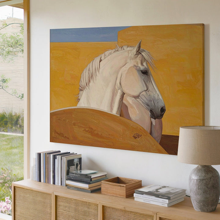 Silent Form Canvas – Minimalist Pale Horse on Mustard Yellow - Gifitto