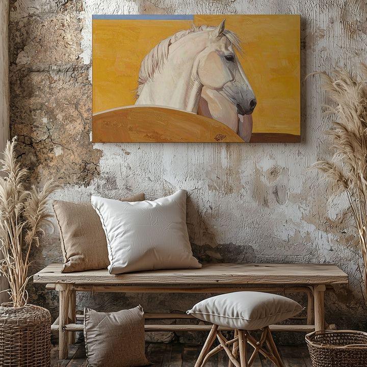 Silent Form Canvas – Minimalist Pale Horse on Mustard Yellow - Gifitto