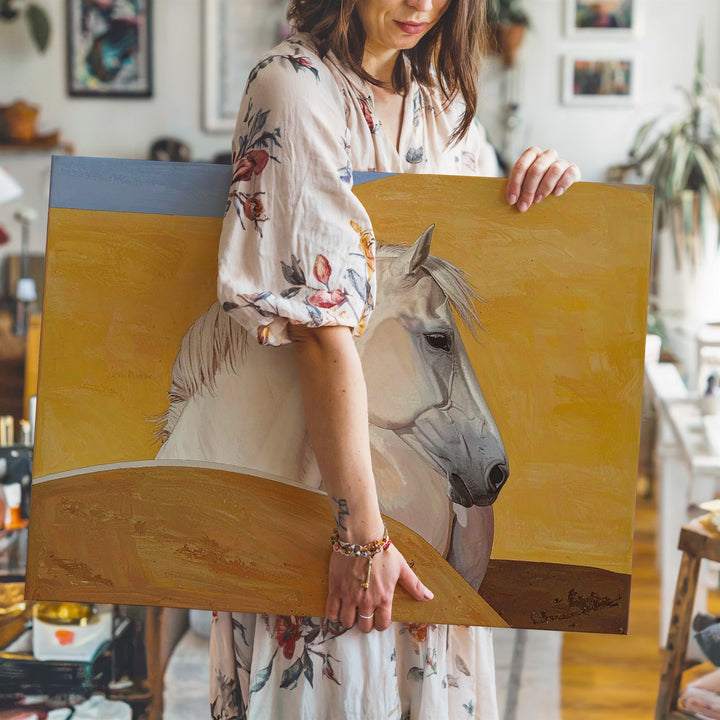 Silent Form Canvas – Minimalist Pale Horse on Mustard Yellow - Gifitto