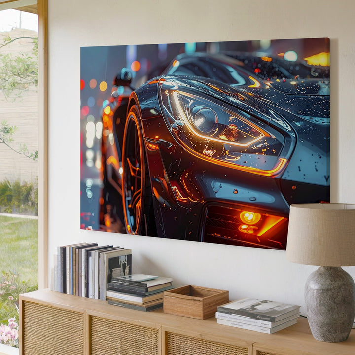 Cyberpunk Sports Car Canvas – Futuristic Night Racer with Neon Orange Accents - Gifitto