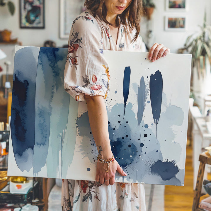 Indigo Drift Watercolor Canvas – Minimalist Abstract Vertical Art - Gifitto