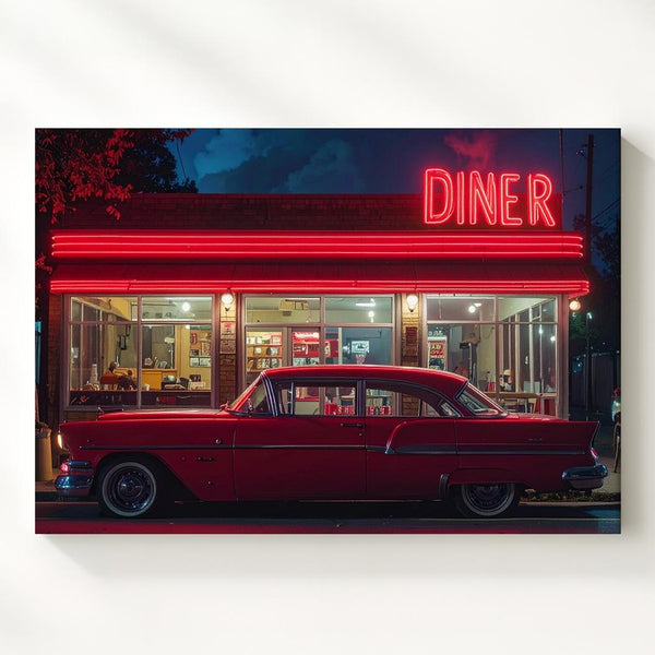 Neon Diner Night Canvas – Vintage Car & Retro Americana Wall Art - Gifitto