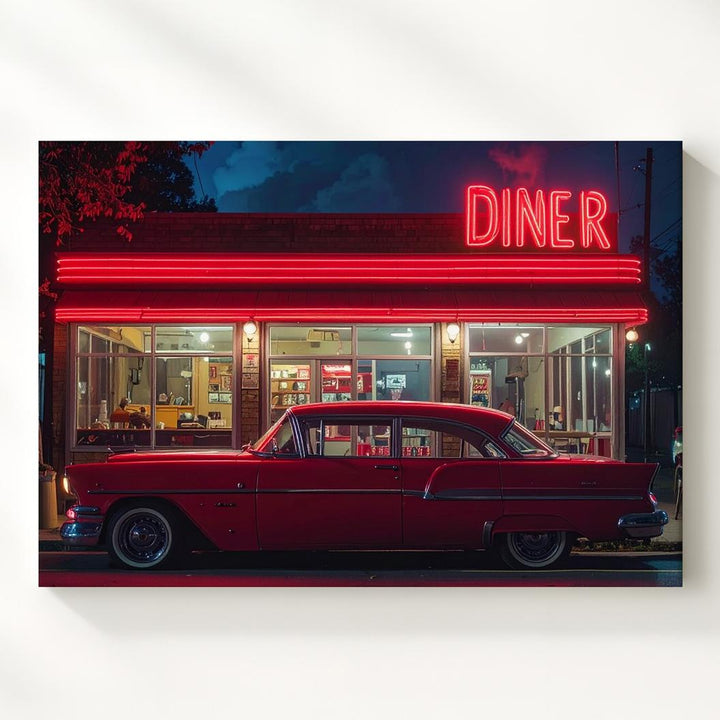 Neon Diner Night Canvas – Vintage Car & Retro Americana Wall Art - Gifitto