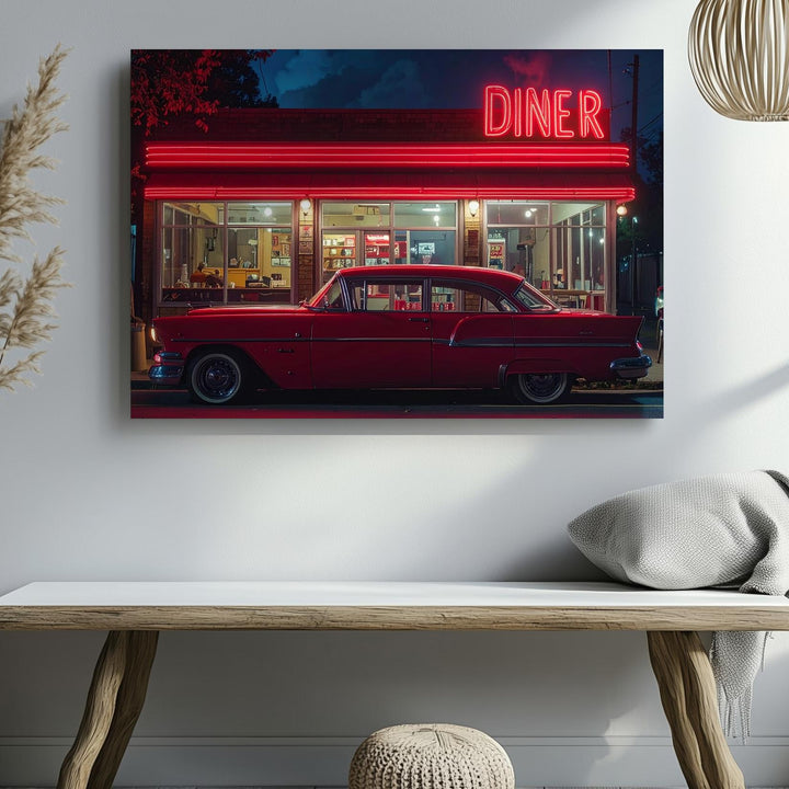 Neon Diner Night Canvas – Vintage Car & Retro Americana Wall Art - Gifitto