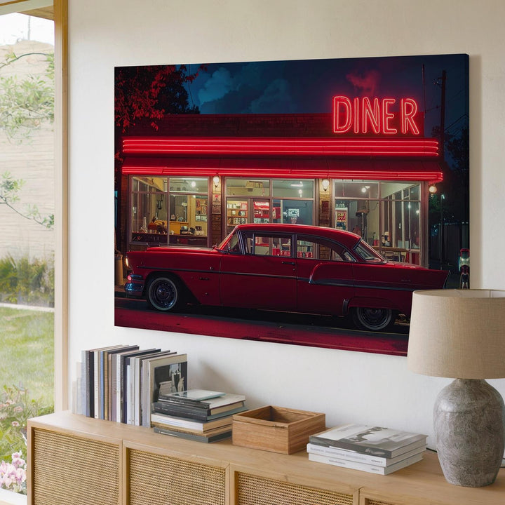 Neon Diner Night Canvas – Vintage Car & Retro Americana Wall Art - Gifitto