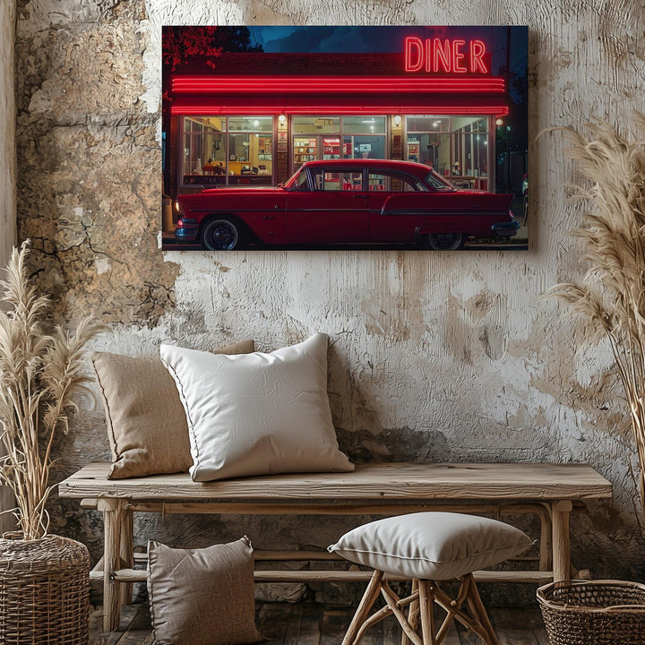 Neon Diner Night Canvas – Vintage Car & Retro Americana Wall Art - Gifitto