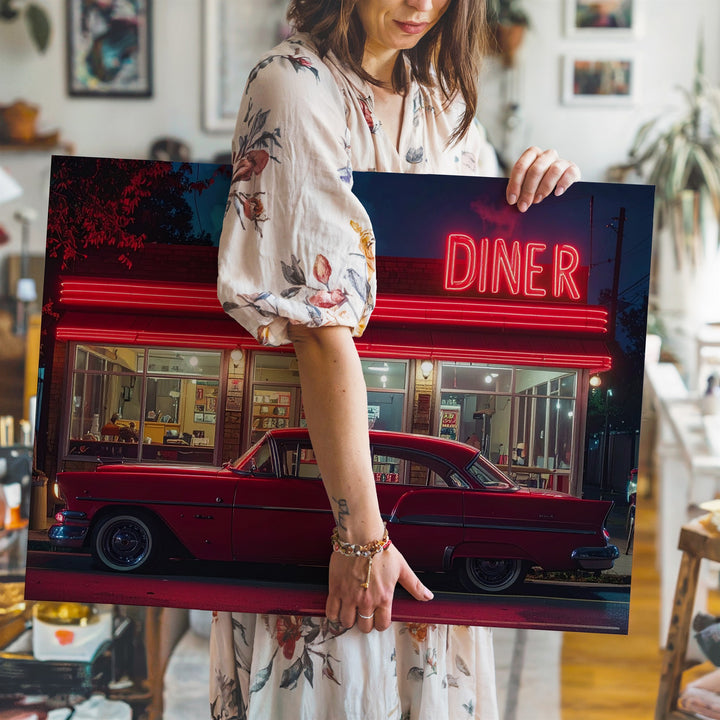 Neon Diner Night Canvas – Vintage Car & Retro Americana Wall Art - Gifitto