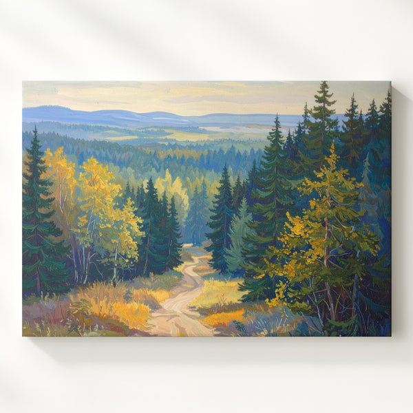 Morning Pathway Canvas – Serene Forest Trail in Soft Greens and Blues - Gifitto