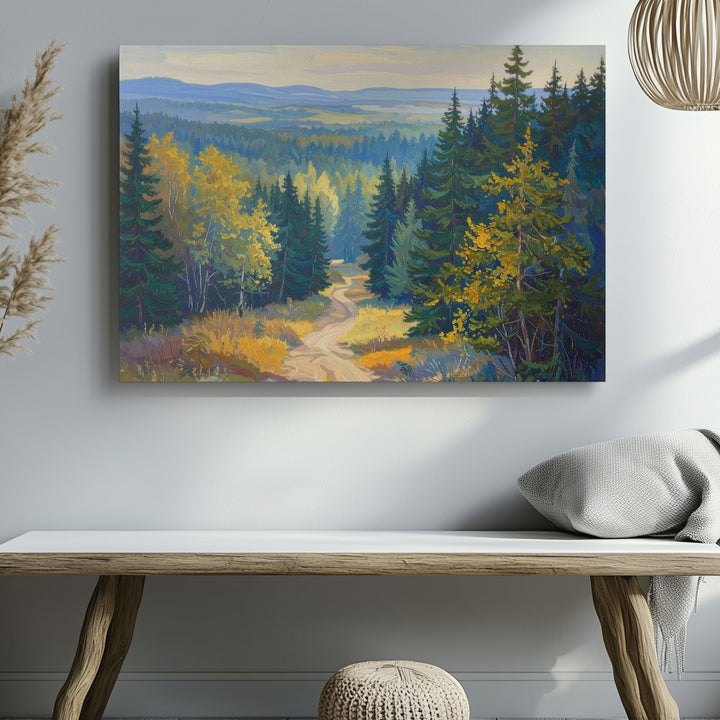 Morning Pathway Canvas – Serene Forest Trail in Soft Greens and Blues - Gifitto