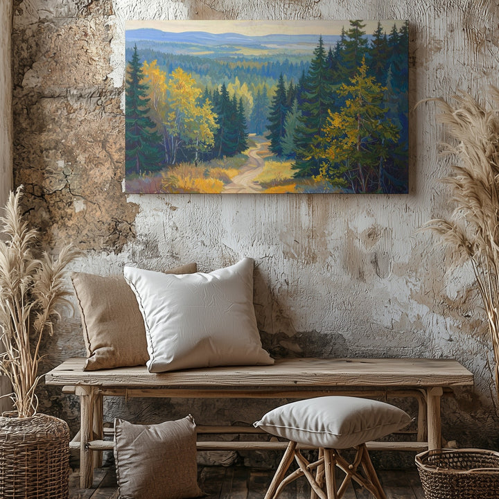 Morning Pathway Canvas – Serene Forest Trail in Soft Greens and Blues - Gifitto