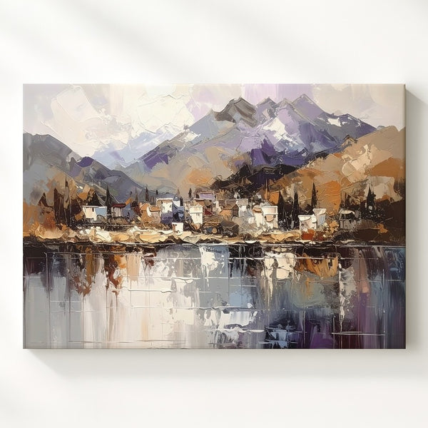 Lakeside Village Serenity Canvas – Textured Mountain Landscape Wall Art - Gifitto