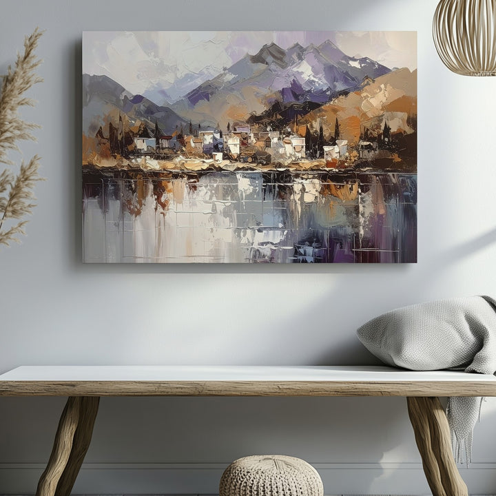 Lakeside Village Serenity Canvas – Textured Mountain Landscape Wall Art - Gifitto