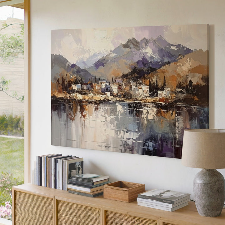 Lakeside Village Serenity Canvas – Textured Mountain Landscape Wall Art - Gifitto