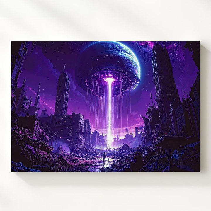 Post-Apocalyptic Alien City Canvas – Ruins and Light Beam from a Distant Planet - Gifitto