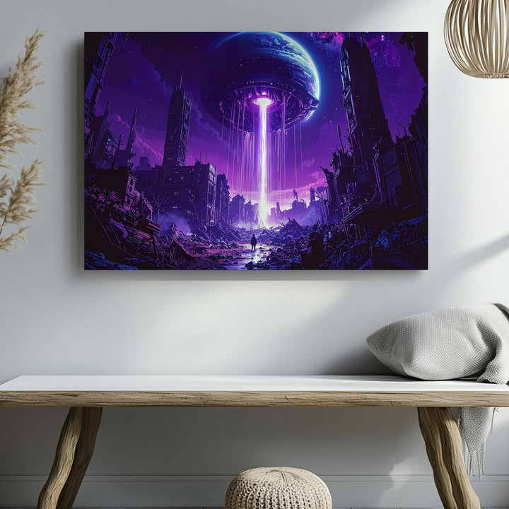 Post-Apocalyptic Alien City Canvas – Ruins and Light Beam from a Distant Planet - Gifitto