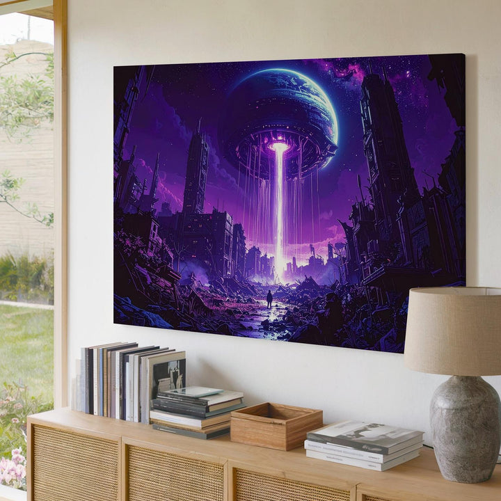 Post-Apocalyptic Alien City Canvas – Ruins and Light Beam from a Distant Planet - Gifitto