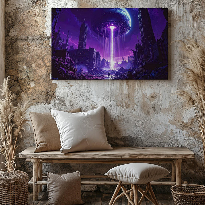 Post-Apocalyptic Alien City Canvas – Ruins and Light Beam from a Distant Planet - Gifitto