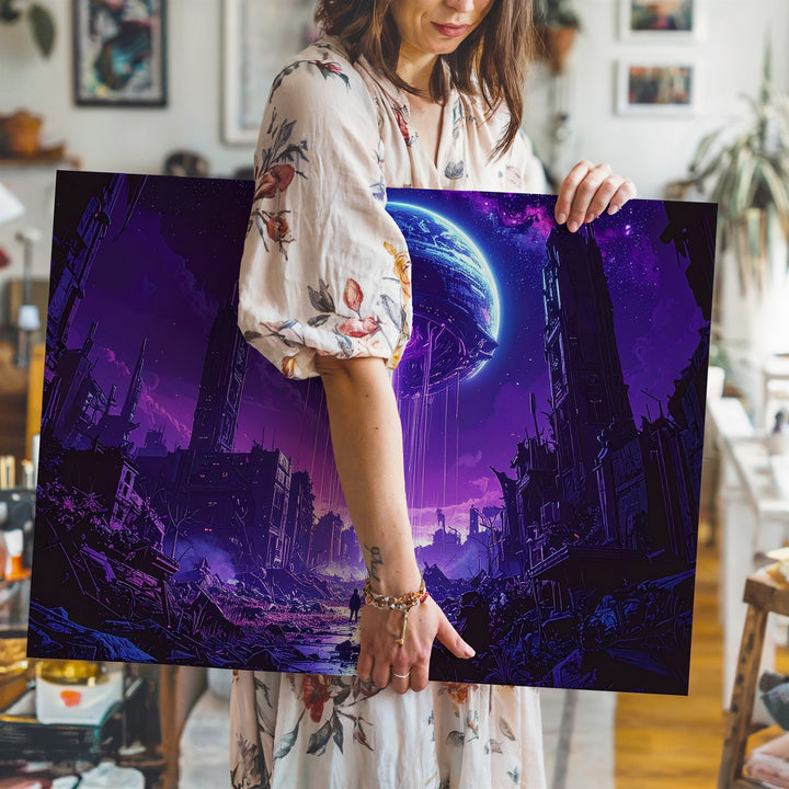Post-Apocalyptic Alien City Canvas – Ruins and Light Beam from a Distant Planet - Gifitto