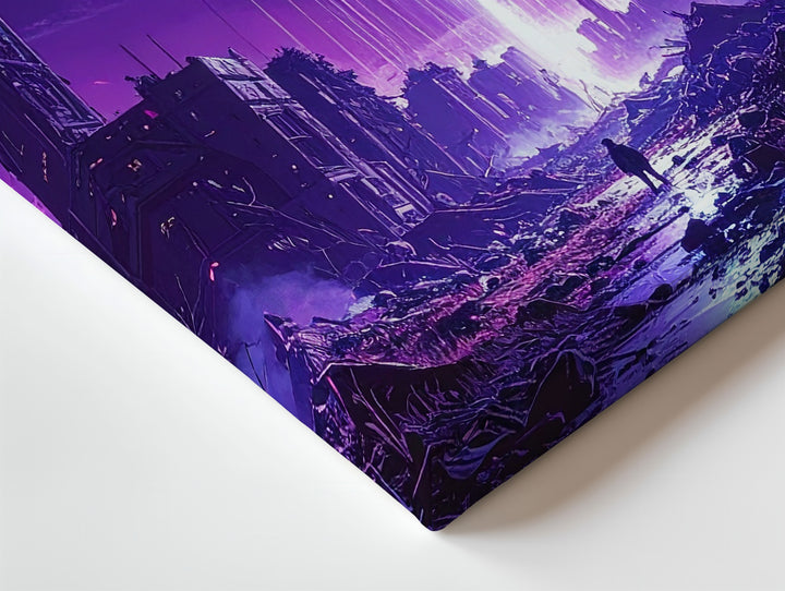 Post-Apocalyptic Alien City Canvas – Ruins and Light Beam from a Distant Planet - Gifitto