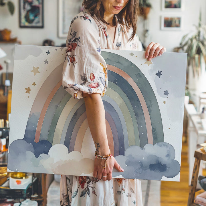 Dreamy Rainbow & Clouds Canvas – Boho Nursery Wall Art - Gifitto