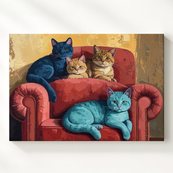 Whimsical Cats on Armchair Canvas – Playful Feline Art in Bold Colors - Gifitto