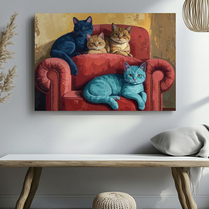 Whimsical Cats on Armchair Canvas – Playful Feline Art in Bold Colors - Gifitto