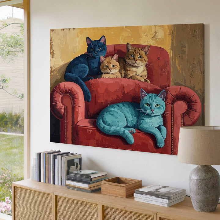 Whimsical Cats on Armchair Canvas – Playful Feline Art in Bold Colors - Gifitto