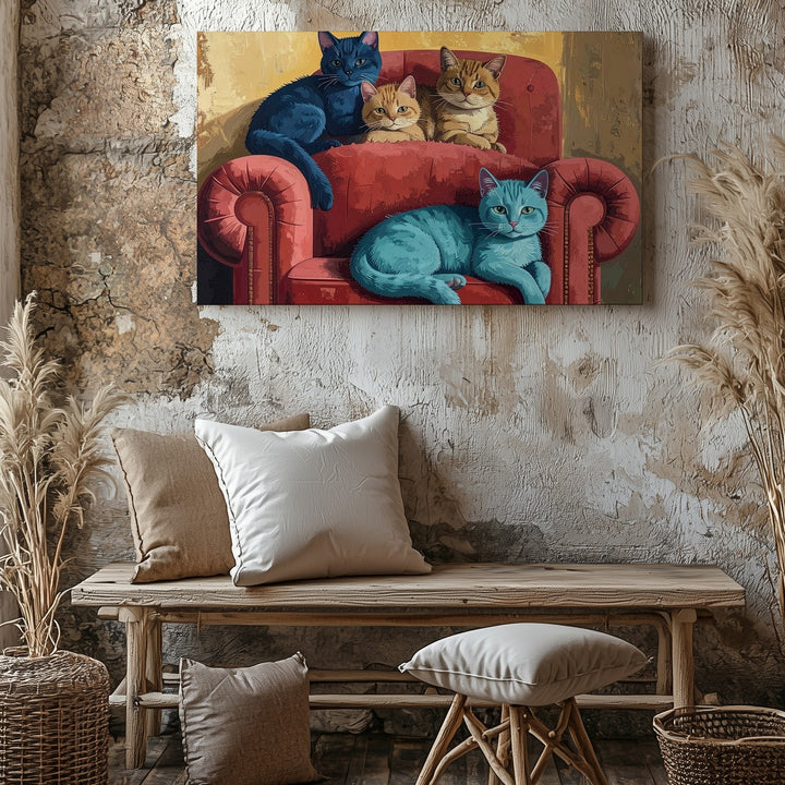 Whimsical Cats on Armchair Canvas – Playful Feline Art in Bold Colors - Gifitto