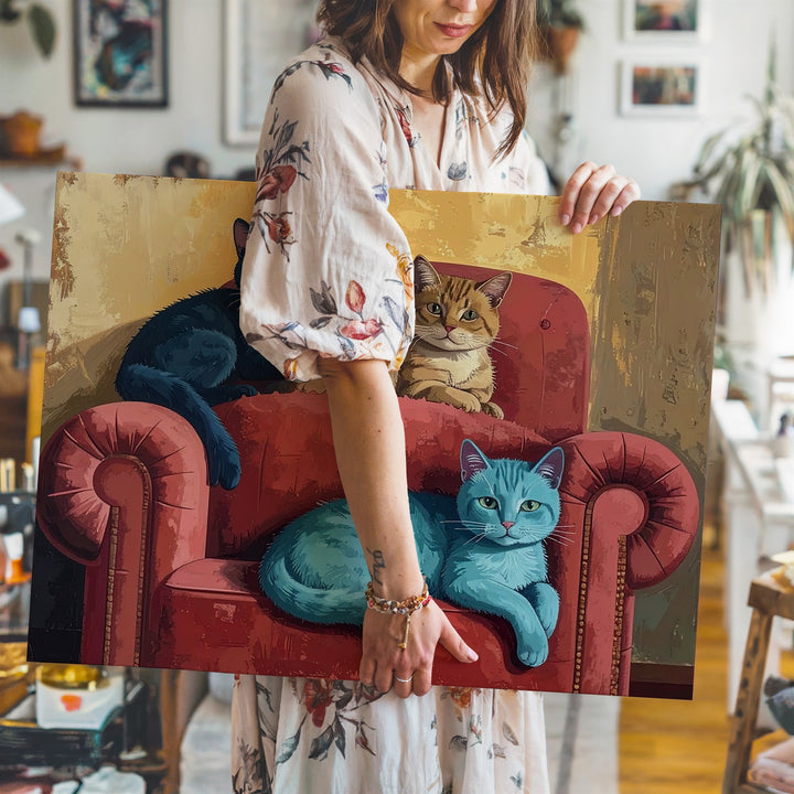 Whimsical Cats on Armchair Canvas – Playful Feline Art in Bold Colors - Gifitto