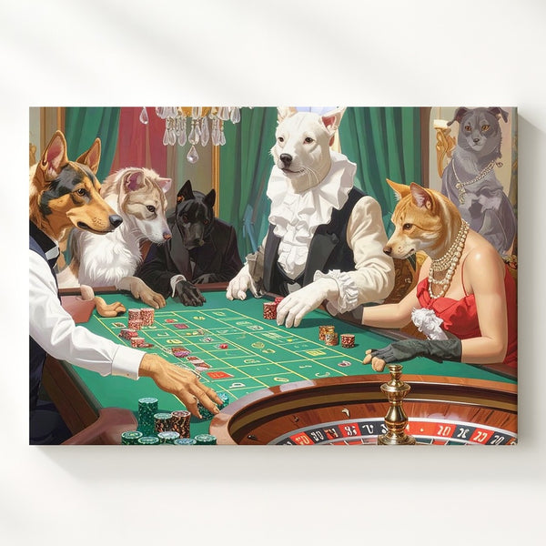 Casino Royale Pets Canvas – Elegant Dogs & Cats at Roulette Table Wall Art - Gifitto