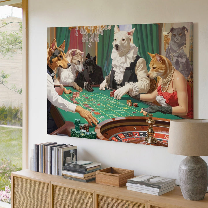 Casino Royale Pets Canvas – Elegant Dogs & Cats at Roulette Table Wall Art - Gifitto