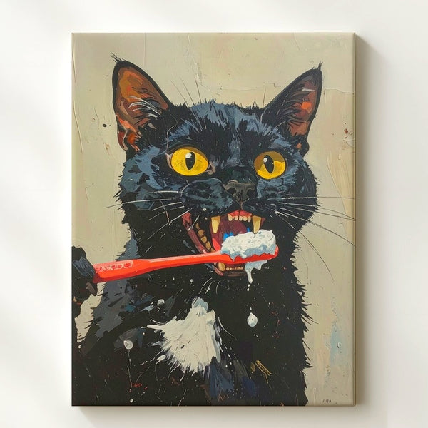 Toothbrush Frenzy Cat Canvas – Funny Black Cat Bathroom Wall Art - Gifitto