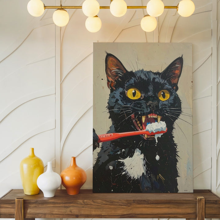 Toothbrush Frenzy Cat Canvas – Funny Black Cat Bathroom Wall Art - Gifitto