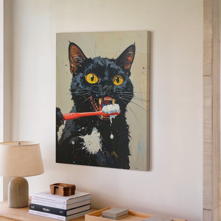 Toothbrush Frenzy Cat Canvas – Funny Black Cat Bathroom Wall Art - Gifitto