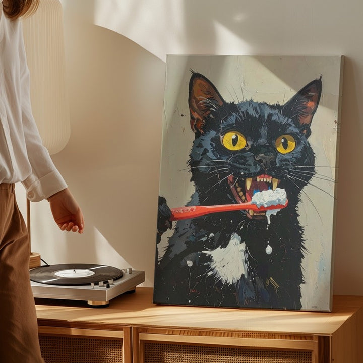 Toothbrush Frenzy Cat Canvas – Funny Black Cat Bathroom Wall Art - Gifitto