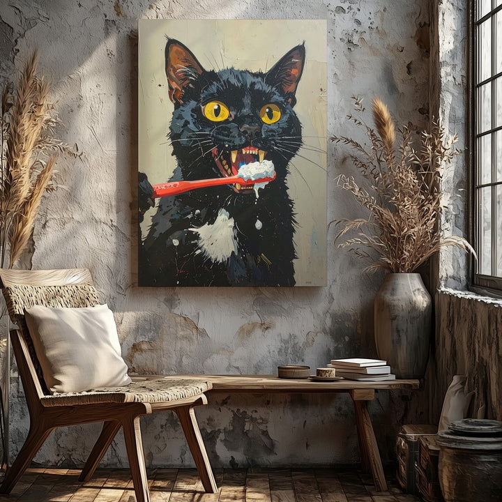Toothbrush Frenzy Cat Canvas – Funny Black Cat Bathroom Wall Art - Gifitto