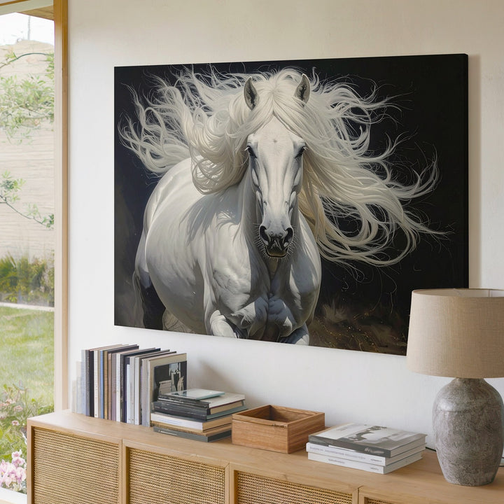 Untamed Grace Canvas – Hyper-Realistic White Horse in Motion - Gifitto