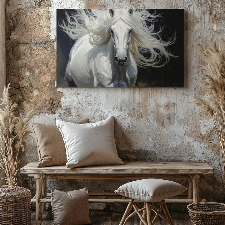 Untamed Grace Canvas – Hyper-Realistic White Horse in Motion - Gifitto