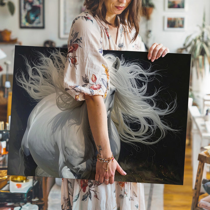 Untamed Grace Canvas – Hyper-Realistic White Horse in Motion - Gifitto