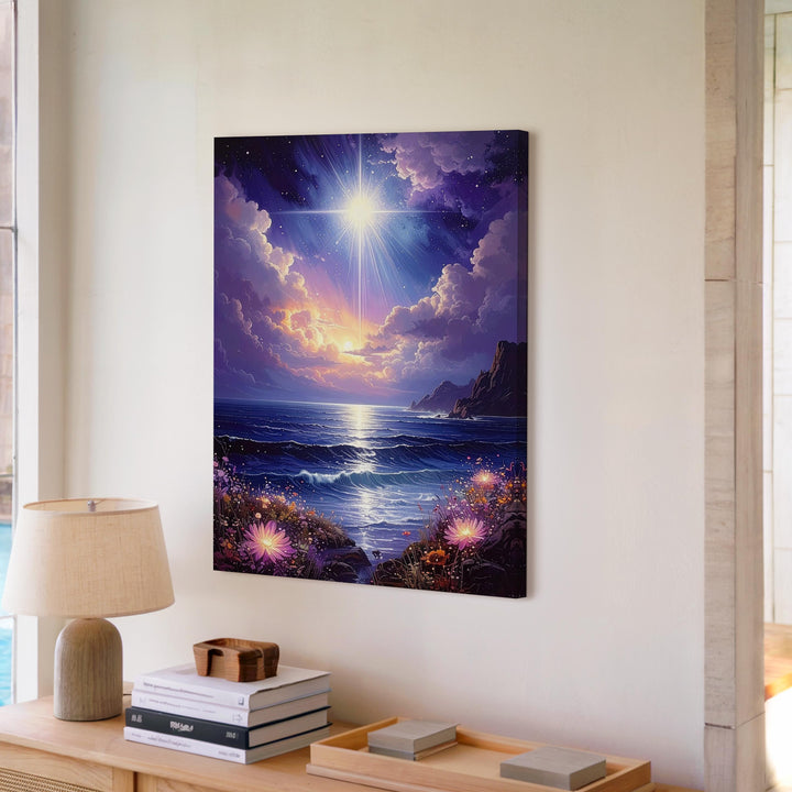 Luminescent Ocean Canvas – Magical Starburst & Floating Flowers Art - Gifitto