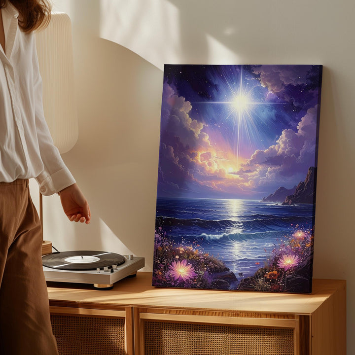 Luminescent Ocean Canvas – Magical Starburst & Floating Flowers Art - Gifitto