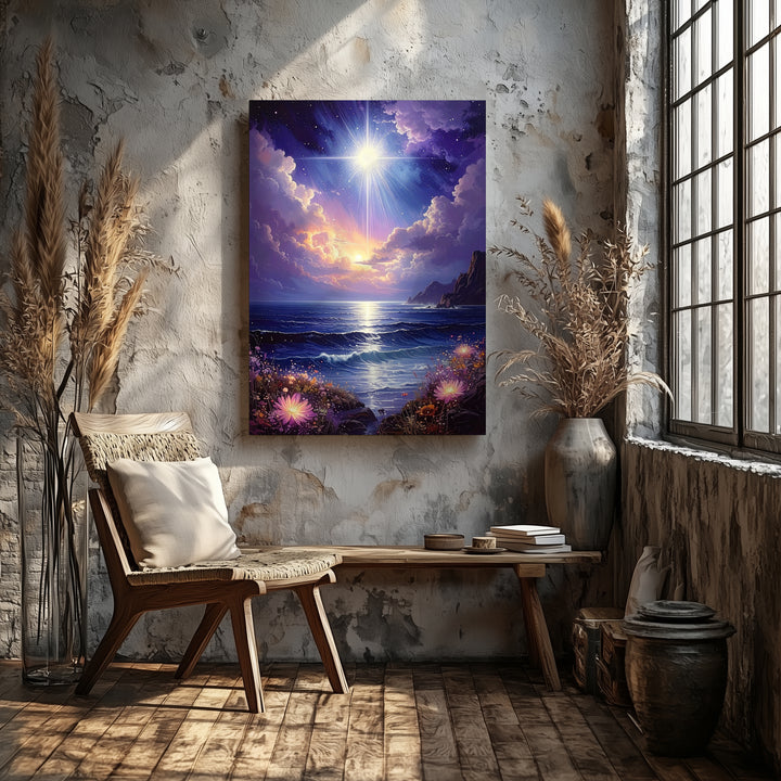 Luminescent Ocean Canvas – Magical Starburst & Floating Flowers Art - Gifitto